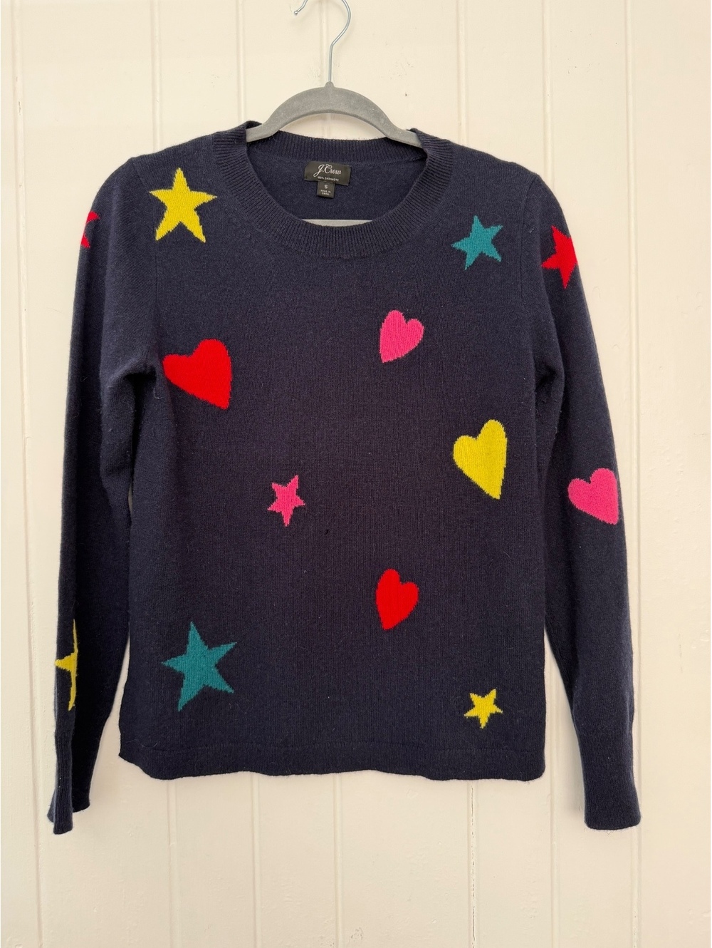 J.Crew Women's 100% Cashmere Navy Sweater with Colorful Heart and Star Patterns,